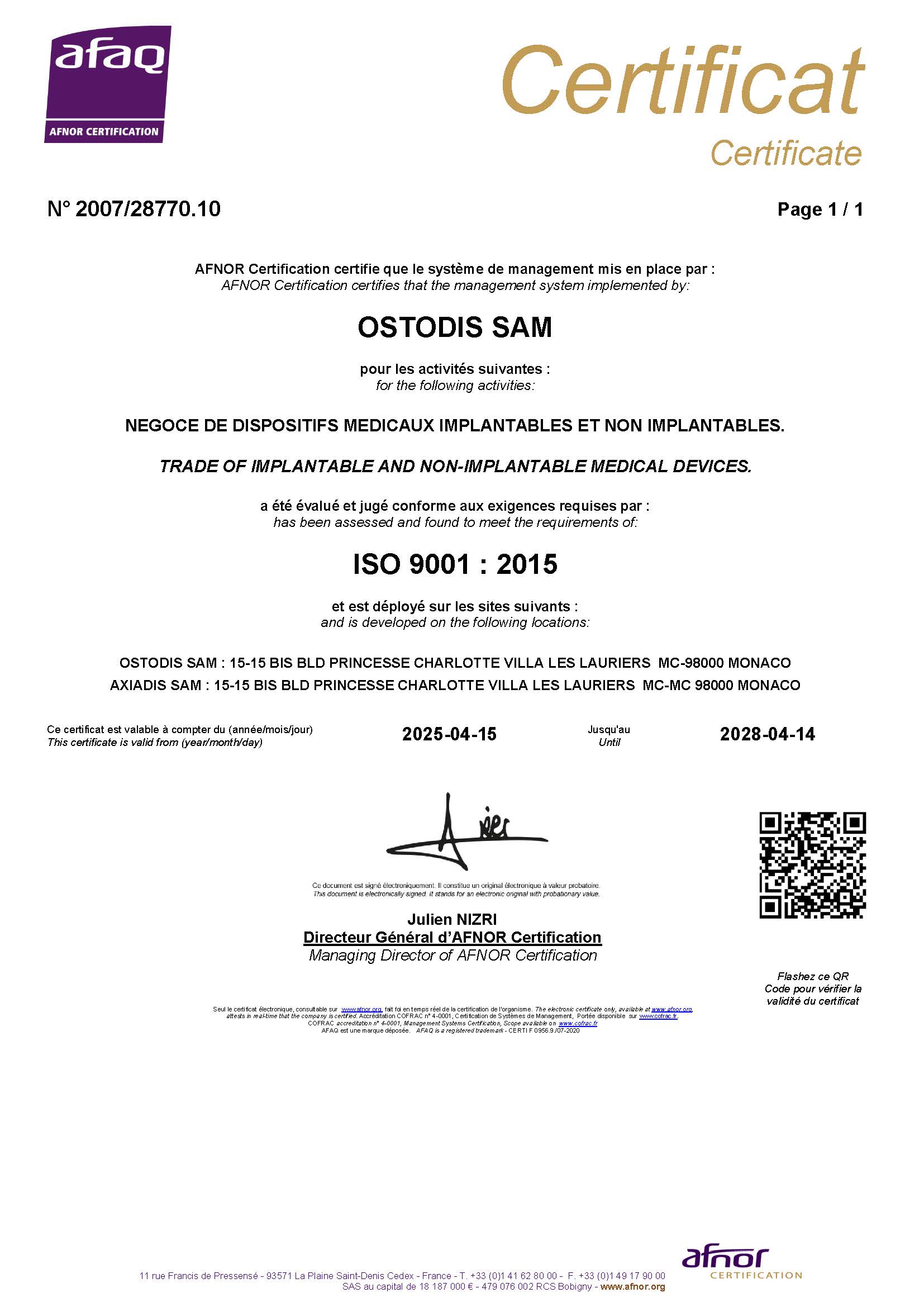 Cert. ISO 9001 OSTODIS Cert. ISO 9001 OSTODIS/AXIADIS
